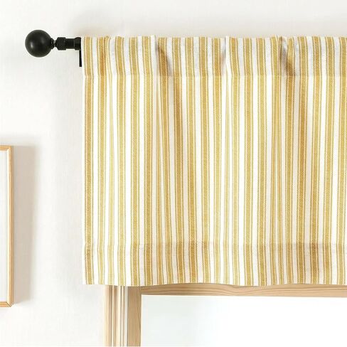 Chyhomenyc Yellow Gold Stripe Window Valances - Light Filtering Faux Linen Short Kitchen Valance Curtains, Rod Pocket Boho Striped Topper Farmhouse Valance for Living Room Bathroom, 52Wx18L, 2 Pieces in Kuwait