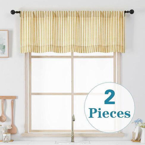 Chyhomenyc Yellow Gold Stripe Window Valances - Light Filtering Faux Linen Short Kitchen Valance Curtains, Rod Pocket Boho Striped Topper Farmhouse Valance for Living Room Bathroom, 52Wx18L, 2 Pieces in Kuwait