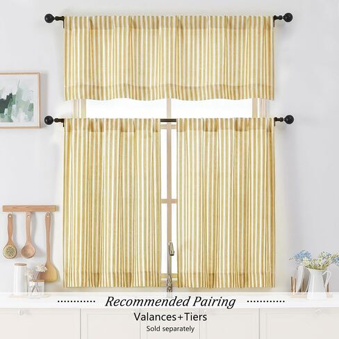 Chyhomenyc Yellow Gold Stripe Window Valances - Light Filtering Faux Linen Short Kitchen Valance Curtains, Rod Pocket Boho Striped Topper Farmhouse Valance for Living Room Bathroom, 52Wx18L, 2 Pieces in Kuwait