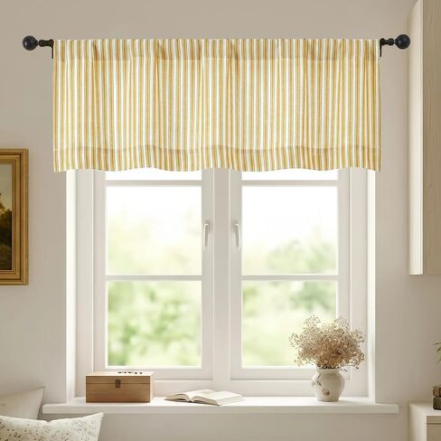 Chyhomenyc Yellow Gold Stripe Window Valances - Light Filtering Faux Linen Short Kitchen Valance Curtains, Rod Pocket Boho Striped Topper Farmhouse Valance for Living Room Bathroom, 52Wx18L, 2 Pieces in Kuwait