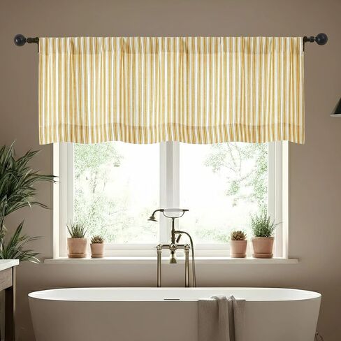 Chyhomenyc Yellow Gold Stripe Window Valances - Light Filtering Faux Linen Short Kitchen Valance Curtains, Rod Pocket Boho Striped Topper Farmhouse Valance for Living Room Bathroom, 52Wx18L, 2 Pieces in Kuwait