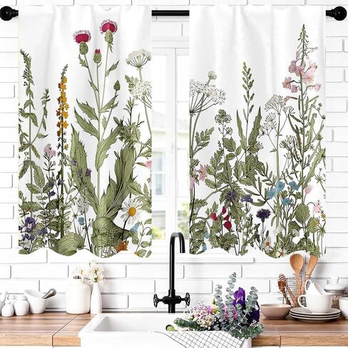 26x36Inch Botanical Illustration Small Short Cafe Curtains Wildflower Herb Leaf Pattern Kitchen Tiers Window Treatment Bathroom Dining Room Home Decoration Polyester 2 Panels in Kuwait