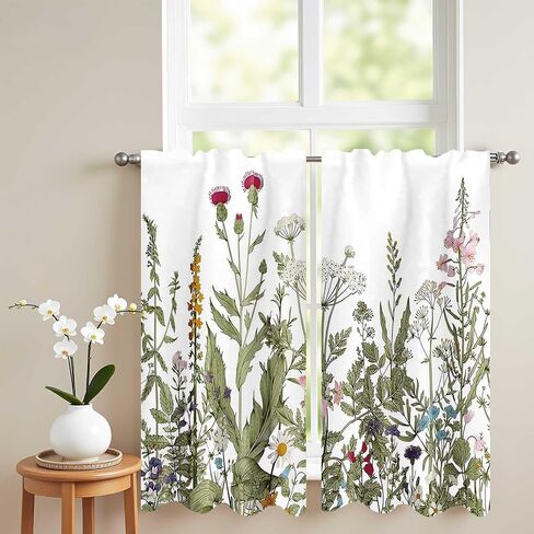 26x36Inch Botanical Illustration Small Short Cafe Curtains Wildflower Herb Leaf Pattern Kitchen Tiers Window Treatment Bathroom Dining Room Home Decoration Polyester 2 Panels in Kuwait