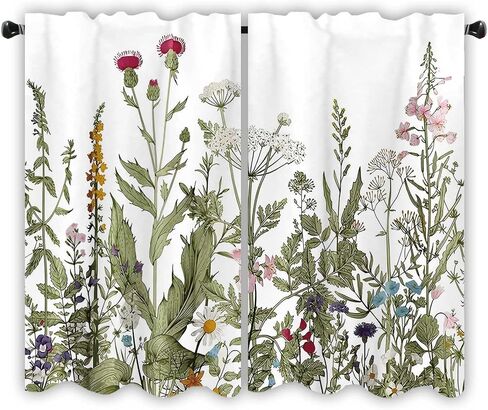 26x36Inch Botanical Illustration Small Short Cafe Curtains Wildflower Herb Leaf Pattern Kitchen Tiers Window Treatment Bathroom Dining Room Home Decoration Polyester 2 Panels in Kuwait