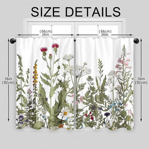 26x36Inch Botanical Illustration Small Short Cafe Curtains Wildflower Herb Leaf Pattern Kitchen Tiers Window Treatment Bathroom Dining Room Home Decoration Polyester 2 Panels in Kuwait
