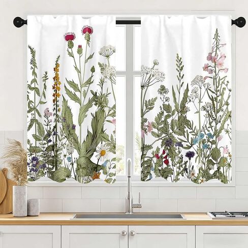 26x36Inch Botanical Illustration Small Short Cafe Curtains Wildflower Herb Leaf Pattern Kitchen Tiers Window Treatment Bathroom Dining Room Home Decoration Polyester 2 Panels in Kuwait