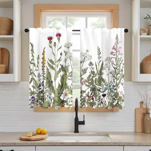 26x36Inch Botanical Illustration Small Short Cafe Curtains Wildflower Herb Leaf Pattern Kitchen Tiers Window Treatment Bathroom Dining Room Home Decoration Polyester 2 Panels in Kuwait