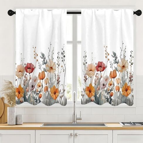 26x36Inch Botanical Illustration Small Short Cafe Curtains Wildflower Herb Leaf Pattern Kitchen Tiers Window Treatment Bathroom Dining Room Home Decoration Polyester 2 Panels in Kuwait