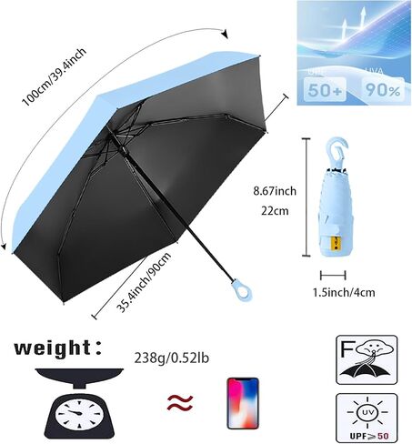Mini Travel Umbrella UV Protection - Small Folding Parasol with Carabiner Ring Handle/UPF 50+/Ultra-Lightweight/Compact/Telfon/Women/Men/Kids in Kuwait