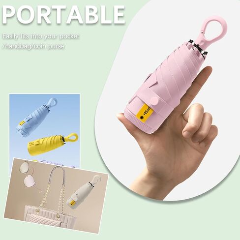 Mini Travel Umbrella UV Protection - Small Folding Parasol with Carabiner Ring Handle/UPF 50+/Ultra-Lightweight/Compact/Telfon/Women/Men/Kids in Kuwait