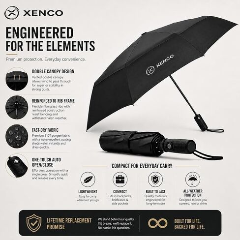 XENCO® مظلة سفر قابلة للطي مقاومة للرياح، إغلاق تلقائي مدمج، إطار قوي ذو 10 أضلاع، مظلة مزدوجة التهوية للرياح والأمطار القوية، حماية من الأشعة فوق البنفسجية 50+، مظلة محمولة طاردة للماء للرجال والنساء، أسود in Kuwait
