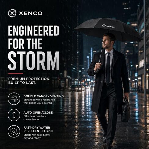 XENCO® مظلة سفر قابلة للطي مقاومة للرياح، إغلاق تلقائي مدمج، إطار قوي ذو 10 أضلاع، مظلة مزدوجة التهوية للرياح والأمطار القوية، حماية من الأشعة فوق البنفسجية 50+، مظلة محمولة طاردة للماء للرجال والنساء، أسود in Kuwait
