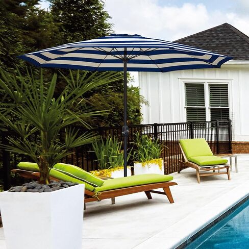 In The Swim 9' Steel Umbrella - Indigo Stripe Outdoor Patio Umbrella with Manual Crank & Weather-Resistant Fabric in Saudi Arabia