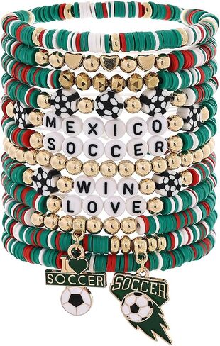 12Pcs Soccer Clay Bracelets Set, 2026 Soccer Tournament Bracelets Adjustable Soft Polymer Clay Beaded Bracelets, Country Color Soccer Themed Jewelry for Women Men, Team Spirit Party Favors, Sports Gifts for Soccer Fans in Saudi Arabia