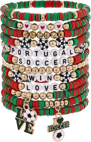 12Pcs Soccer Clay Bracelets Set, 2026 Soccer Tournament Bracelets Adjustable Soft Polymer Clay Beaded Bracelets, Country Color Soccer Themed Jewelry for Women Men, Team Spirit Party Favors, Sports Gifts for Soccer Fans in Saudi Arabia