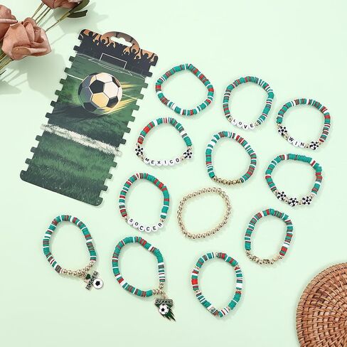 12Pcs Soccer Clay Bracelets Set, 2026 Soccer Tournament Bracelets Adjustable Soft Polymer Clay Beaded Bracelets, Country Color Soccer Themed Jewelry for Women Men, Team Spirit Party Favors, Sports Gifts for Soccer Fans in Saudi Arabia