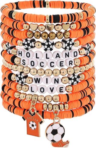12Pcs Soccer Clay Bracelets Set, 2026 Soccer Tournament Bracelets Adjustable Soft Polymer Clay Beaded Bracelets, Country Color Soccer Themed Jewelry for Women Men, Team Spirit Party Favors, Sports Gifts for Soccer Fans in Saudi Arabia