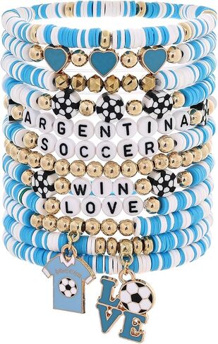 12Pcs Soccer Clay Bracelets Set, 2026 Soccer Tournament Bracelets Adjustable Soft Polymer Clay Beaded Bracelets, Country Color Soccer Themed Jewelry for Women Men, Team Spirit Party Favors, Sports Gifts for Soccer Fans in Saudi Arabia