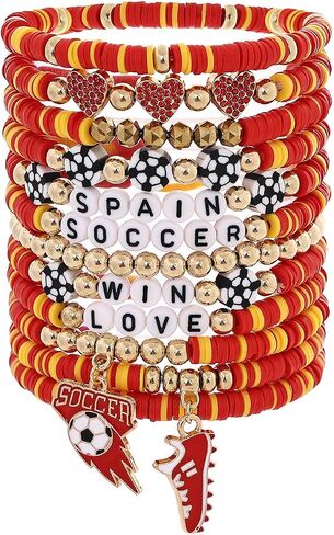 12Pcs Soccer Clay Bracelets Set, 2026 Soccer Tournament Bracelets Adjustable Soft Polymer Clay Beaded Bracelets, Country Color Soccer Themed Jewelry for Women Men, Team Spirit Party Favors, Sports Gifts for Soccer Fans in Saudi Arabia