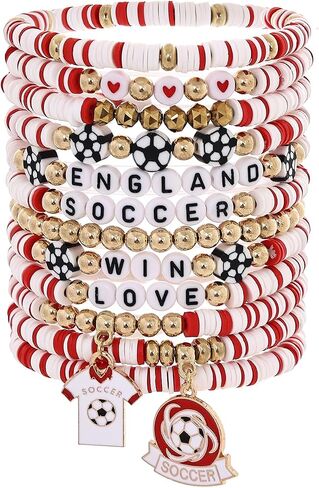 12Pcs Soccer Clay Bracelets Set, 2026 Soccer Tournament Bracelets Adjustable Soft Polymer Clay Beaded Bracelets, Country Color Soccer Themed Jewelry for Women Men, Team Spirit Party Favors, Sports Gifts for Soccer Fans in Saudi Arabia