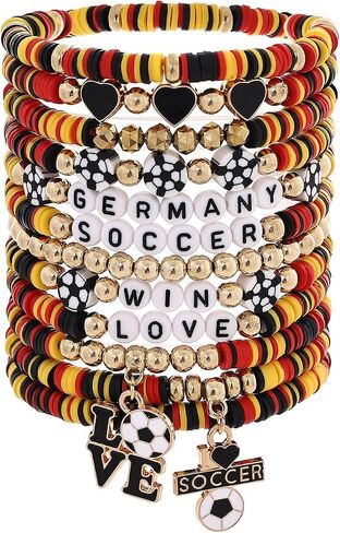 12Pcs Soccer Clay Bracelets Set, 2026 Soccer Tournament Bracelets Adjustable Soft Polymer Clay Beaded Bracelets, Country Color Soccer Themed Jewelry for Women Men, Team Spirit Party Favors, Sports Gifts for Soccer Fans in Saudi Arabia