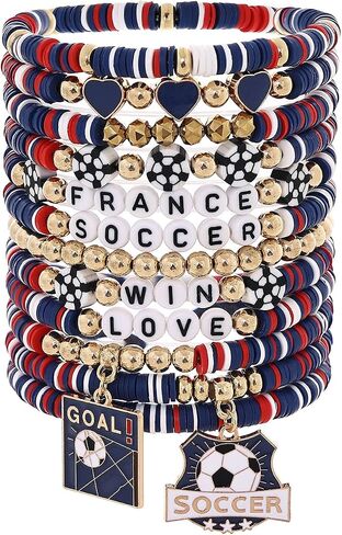12Pcs Soccer Clay Bracelets Set, 2026 Soccer Tournament Bracelets Adjustable Soft Polymer Clay Beaded Bracelets, Country Color Soccer Themed Jewelry for Women Men, Team Spirit Party Favors, Sports Gifts for Soccer Fans in Saudi Arabia