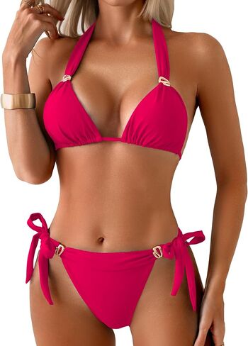 swimall Women's Bikini Set Ruched Two Piece Swimsuit Triangle Tie Gold Sliding Ring Bathing Suit in Saudi Arabia