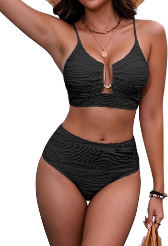 HORISUN Women High Waisted Tummy Control Bikini 2 Piece U-Wire Cutout Crisscross Back Lined Beach Swimsuit in Saudi Arabia