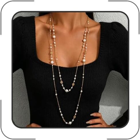 Long Pearl Necklaces for Women Trendy Bohemian Bead Pearl Y Long Pendant Necklace Pearls Chain Necklaces Sweater Strand Chain Jewelry Accessories in Kuwait