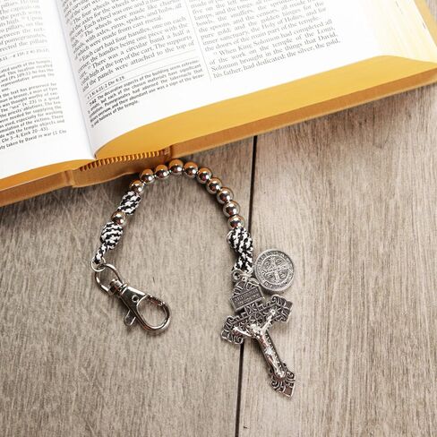 Needzo St. Benedict Stainless Steel Pocket Rosary with Paracord, Medal & Crucifix, Portable Prayer Beads, 8.5 Inches in Kuwait