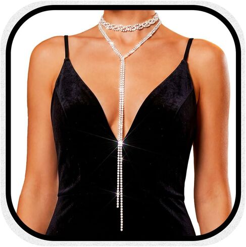 TWINKLEDE Rhinestone Choker Silver Long Y-Necklace Crystal Necklaces for Women in Kuwait