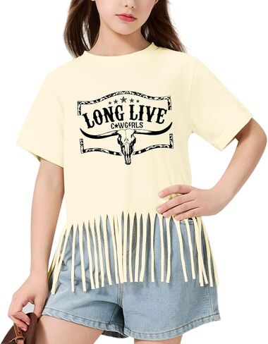 Girls Western Fringe Shirt Long Live Cowgirls Country Rodeo Shirts Kids Cow Skull Graphic Tees Tassel Fringe Tops in Saudi Arabia