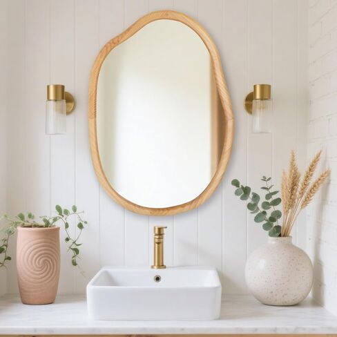 Gluck Plants Irregular Wall Mirror,Wood 22X30 Large Asymmetrical Modern Vanity Bathroom Farmhouse Abstract Walnut Nature Mirror for Bedroom Living Room Entryway in Saudi Arabia