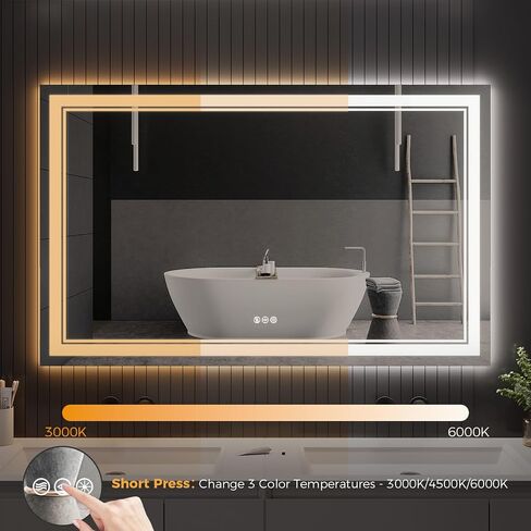 60 x 36 Inch Led Bathroom Mirror with Front and Backlight, Wall-Mounted Vanity Mirrors with Dimmable 3 Color Lights, Anti-Fog and Memory (Horizontal/Vertical) in Saudi Arabia
