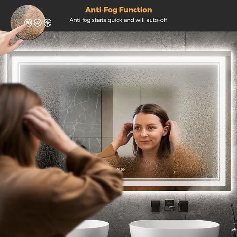 60 x 36 Inch Led Bathroom Mirror with Front and Backlight, Wall-Mounted Vanity Mirrors with Dimmable 3 Color Lights, Anti-Fog and Memory (Horizontal/Vertical) in Saudi Arabia