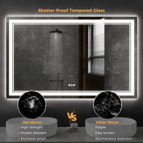 60 x 36 Inch Led Bathroom Mirror with Front and Backlight, Wall-Mounted Vanity Mirrors with Dimmable 3 Color Lights, Anti-Fog and Memory (Horizontal/Vertical) in Saudi Arabia