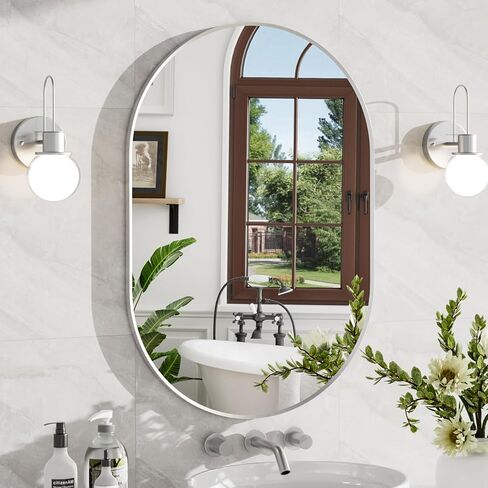24x32 Inch Brushed Nickel Oval Bathroom Mirror, Wall Mounted Vanity Mirror for Over Sink, Tempered Glass with Aluminum Frame, Vertical or Horizontal Hanging in Saudi Arabia