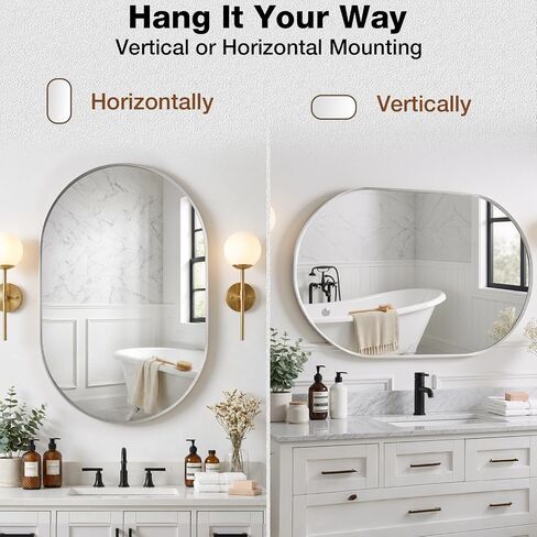 24x32 Inch Brushed Nickel Oval Bathroom Mirror, Wall Mounted Vanity Mirror for Over Sink, Tempered Glass with Aluminum Frame, Vertical or Horizontal Hanging in Saudi Arabia