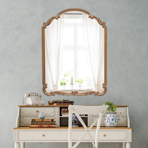 Wylde Iris English Estate Carved Arch Wood Wall Mirror, Mirror for Entryway, Living Room, Bathroom, Antique Black, 22x30 in Kuwait