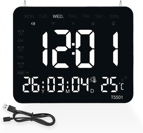 10.64 Inch Digital Wall Clock, Large LED Display, Alarm, Dimmable Brightness, Date Weekday Temperature Humidity Timer for Bedroom Living Room Office Classroom Gym, Black in Kuwait