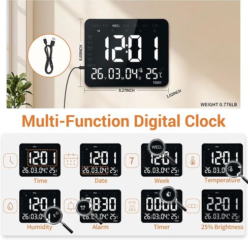 10.64 Inch Digital Wall Clock, Large LED Display, Alarm, Dimmable Brightness, Date Weekday Temperature Humidity Timer for Bedroom Living Room Office Classroom Gym, Black in Kuwait