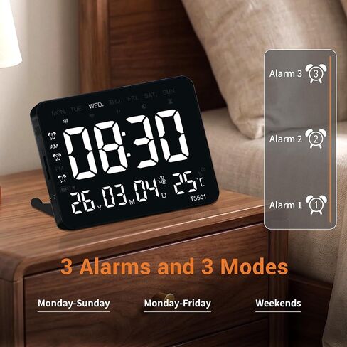 10.64 Inch Digital Wall Clock, Large LED Display, Alarm, Dimmable Brightness, Date Weekday Temperature Humidity Timer for Bedroom Living Room Office Classroom Gym, Black in Kuwait