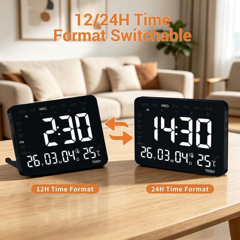 10.64 Inch Digital Wall Clock, Large LED Display, Alarm, Dimmable Brightness, Date Weekday Temperature Humidity Timer for Bedroom Living Room Office Classroom Gym, Black in Kuwait