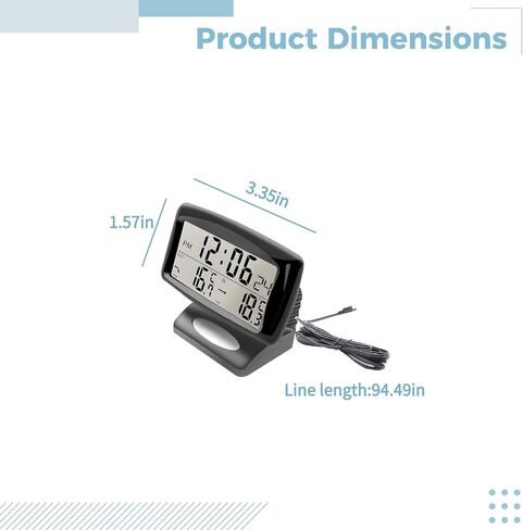 Car LCD Thermometer Clock, Dual Temp, 3.3 X 1.6 in Screen, Frost Alarm, Backlight, 94.5 in Cable in Kuwait
