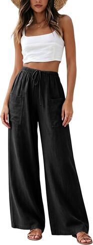 Faleave Women's Cotton Linen Wide Leg Palazzo Pants Drawstring Casual Loose Summer Beach Vacation Trousers with Pockets in Kuwait