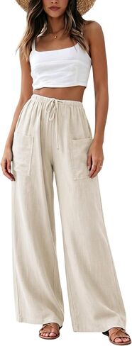 Faleave Women's Cotton Linen Wide Leg Palazzo Pants Drawstring Casual Loose Summer Beach Vacation Trousers with Pockets in Kuwait