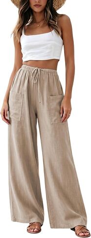 Faleave Women's Cotton Linen Wide Leg Palazzo Pants Drawstring Casual Loose Summer Beach Vacation Trousers with Pockets in Kuwait