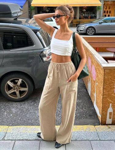 Faleave Women's Cotton Linen Wide Leg Palazzo Pants Drawstring Casual Loose Summer Beach Vacation Trousers with Pockets in Kuwait