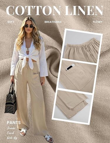 Faleave Women's Cotton Linen Wide Leg Palazzo Pants Drawstring Casual Loose Summer Beach Vacation Trousers with Pockets in Kuwait