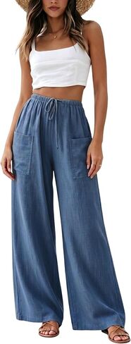 Faleave Women's Cotton Linen Wide Leg Palazzo Pants Drawstring Casual Loose Summer Beach Vacation Trousers with Pockets in Kuwait